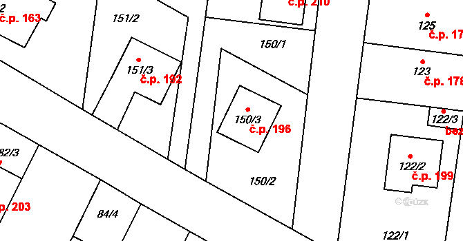 Kovalovice 196 na parcele st. 150/3 v KÚ Kovalovice, Katastrální mapa