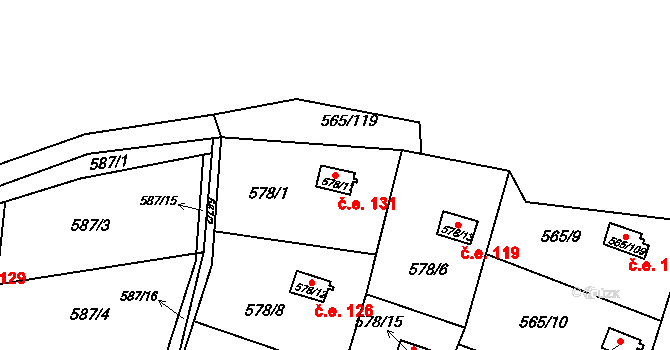 Kanice 131 na parcele st. 578/11 v KÚ Kanice, Katastrální mapa
