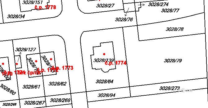 Roztoky 1774 na parcele st. 3028/139 v KÚ Žalov, Katastrální mapa