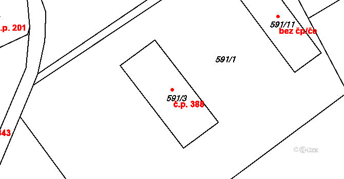 Liberec XIX-Horní Hanychov 388, Liberec na parcele st. 591/3 v KÚ Horní Hanychov, Katastrální mapa