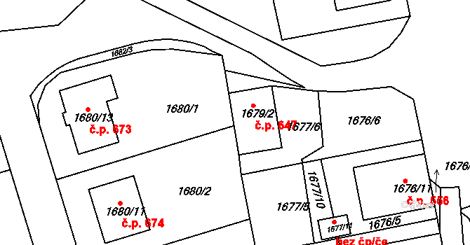 Blučina 647 na parcele st. 1679/2 v KÚ Blučina, Katastrální mapa