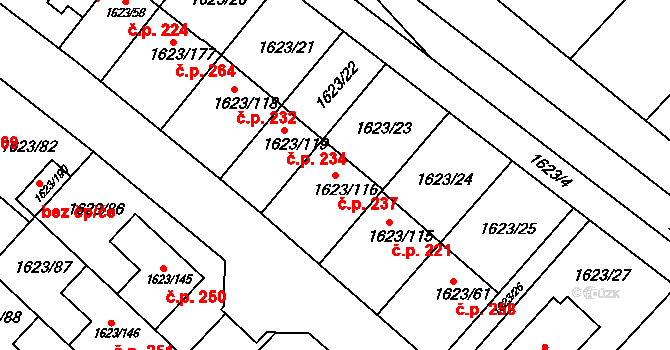 Popůvky 237 na parcele st. 1623/116 v KÚ Popůvky u Brna, Katastrální mapa
