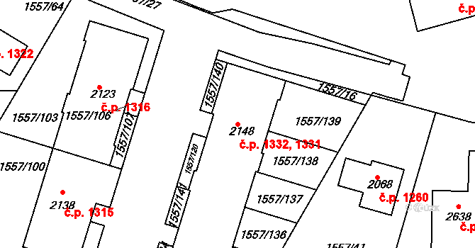 Rosice 1331,1332 na parcele st. 2148 v KÚ Rosice u Brna, Katastrální mapa