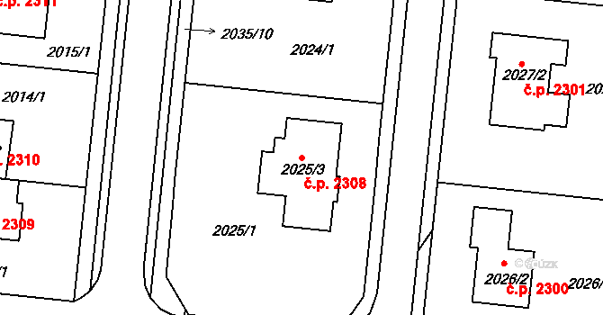 Žďár nad Sázavou 3 2308, Žďár nad Sázavou na parcele st. 2025/3 v KÚ Město Žďár, Katastrální mapa