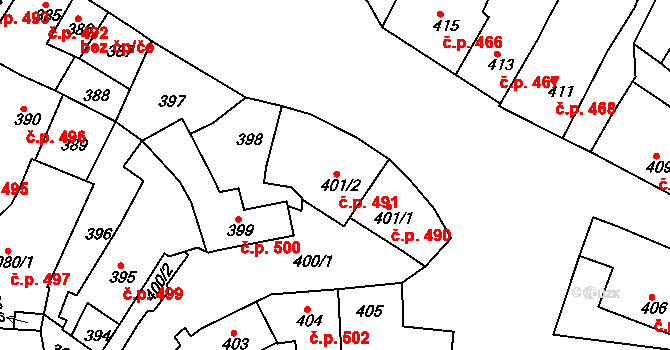Jemnice 491 na parcele st. 401/2 v KÚ Jemnice, Katastrální mapa