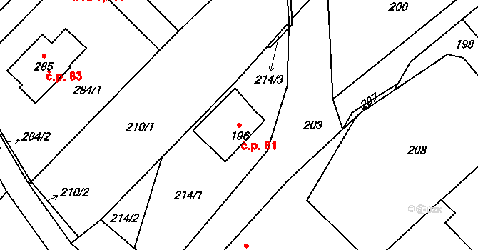 Sirákov 81 na parcele st. 196 v KÚ Sirákov, Katastrální mapa