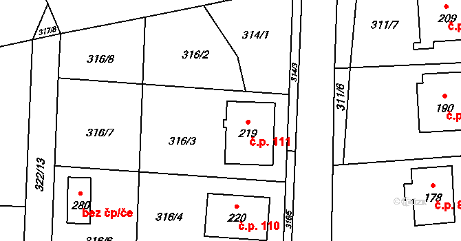 Heřmaničky 111 na parcele st. 219 v KÚ Heřmaničky, Katastrální mapa