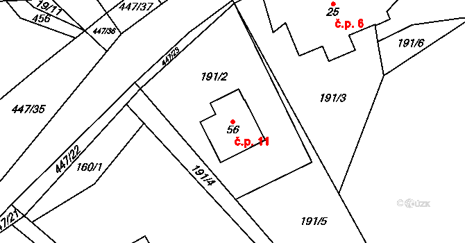 Roženecké Paseky 11, Věcov na parcele st. 56 v KÚ Roženecké Paseky, Katastrální mapa