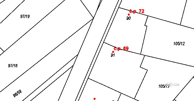 Sušice 69 na parcele st. 91 v KÚ Sušice u Uherského Hradiště, Katastrální mapa