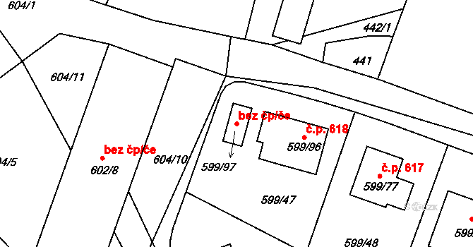 Srubec 49082451 na parcele st. 599/97 v KÚ Srubec, Katastrální mapa