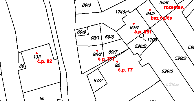 Lom 377 na parcele st. 93/2 v KÚ Lom u Mostu, Katastrální mapa