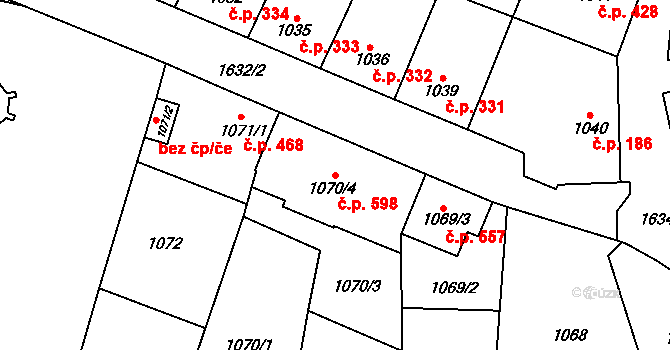 Drnovice 598 na parcele st. 1070/4 v KÚ Drnovice u Vyškova, Katastrální mapa