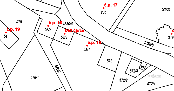Kytlice 16 na parcele st. 53/1 v KÚ Falknov, Katastrální mapa