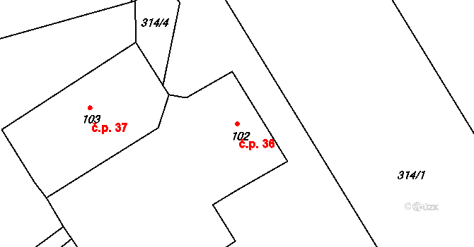 Velká Ves 36, Broumov na parcele st. 102 v KÚ Velká Ves u Broumova, Katastrální mapa
