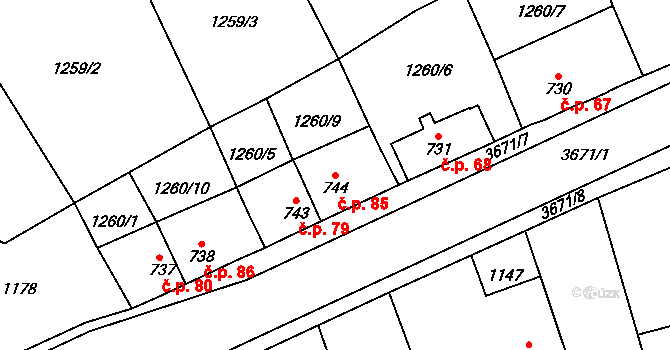 Jezbiny 85, Jaroměř na parcele st. 744 v KÚ Jezbiny, Katastrální mapa