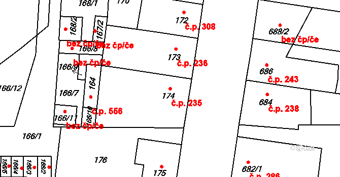 Hronov 235 na parcele st. 174 v KÚ Hronov, Katastrální mapa