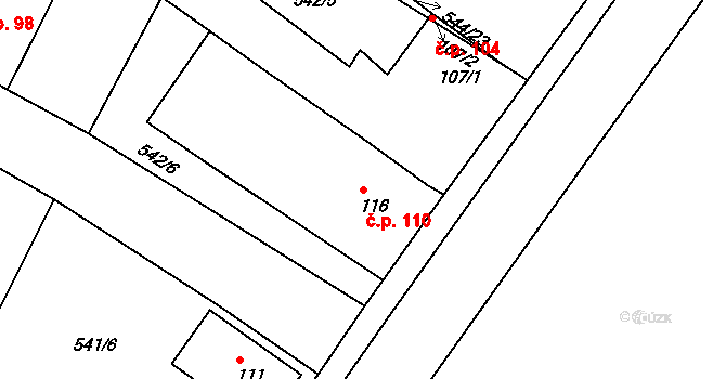 Kostěnice 110 na parcele st. 116 v KÚ Kostěnice, Katastrální mapa