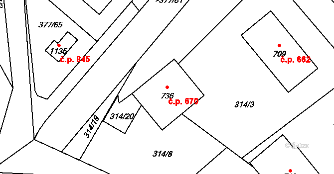 Sezemice 670 na parcele st. 736 v KÚ Sezemice nad Loučnou, Katastrální mapa