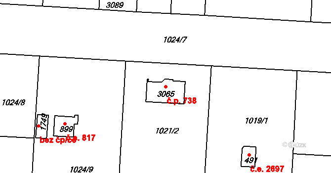 Litice 738, Plzeň na parcele st. 3065 v KÚ Valcha, Katastrální mapa