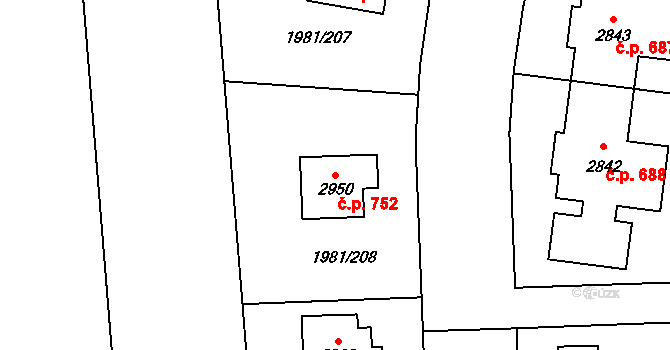 Litice 752, Plzeň na parcele st. 2950 v KÚ Litice u Plzně, Katastrální mapa