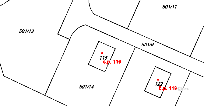 Číčovice 116 na parcele st. 116 v KÚ Malé Číčovice, Katastrální mapa