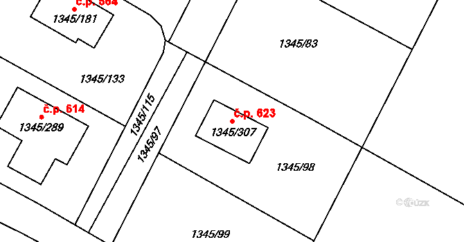 Pokratice 623, Litoměřice na parcele st. 1345/307 v KÚ Pokratice, Katastrální mapa
