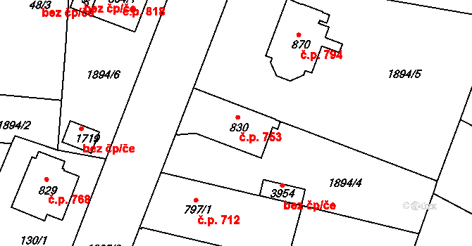 Humpolec 753 na parcele st. 830 v KÚ Humpolec, Katastrální mapa