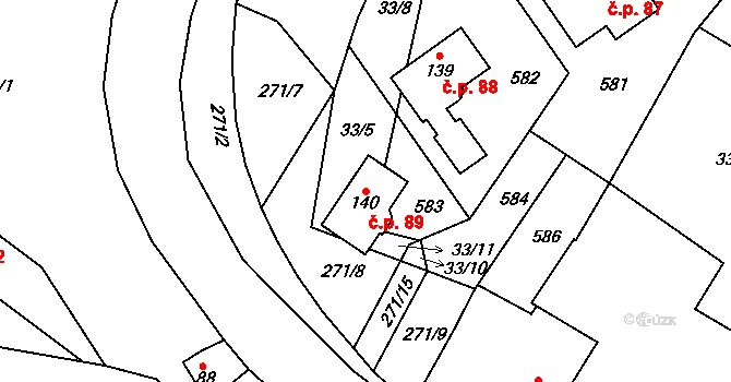 Loukonosy 89, Žiželice na parcele st. 140 v KÚ Loukonosy, Katastrální mapa