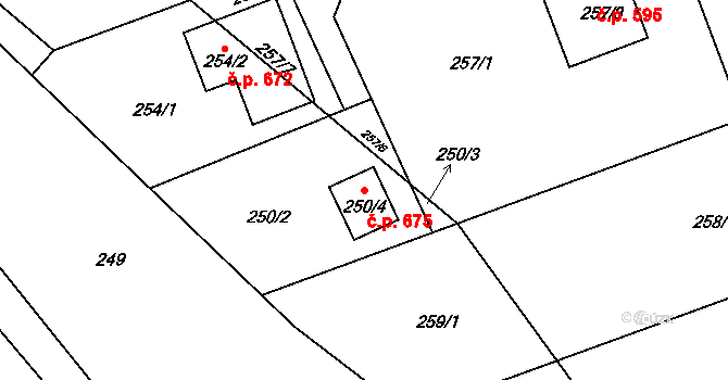 Štípa 675, Zlín na parcele st. 250/4 v KÚ Štípa, Katastrální mapa