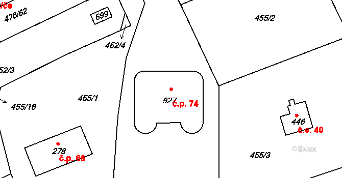 Husinec 74 na parcele st. 927 v KÚ Husinec u Řeže, Katastrální mapa