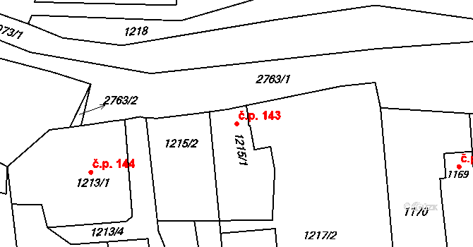 Dobruška 143 na parcele st. 1215/1 v KÚ Dobruška, Katastrální mapa