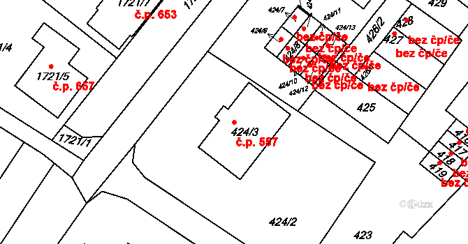 Drnholec 557 na parcele st. 424/3 v KÚ Drnholec, Katastrální mapa