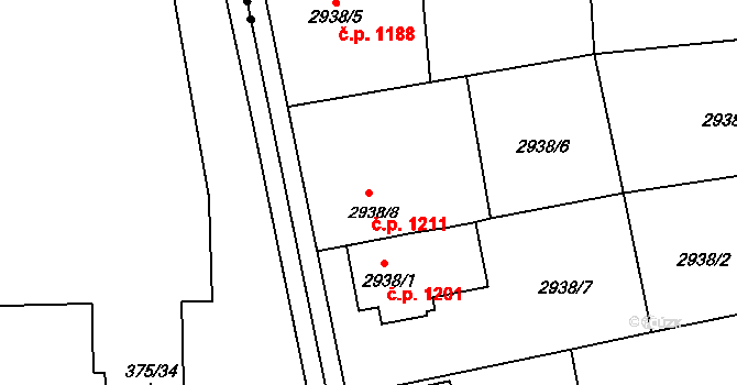 Holešov 1211 na parcele st. 2938/8 v KÚ Holešov, Katastrální mapa