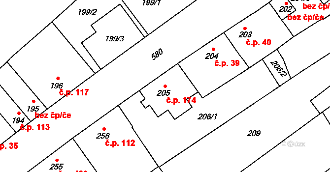 Čehovice 174 na parcele st. 205 v KÚ Čehovice, Katastrální mapa