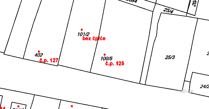 Hrabětice 125 na parcele st. 100/4 v KÚ Hrabětice, Katastrální mapa