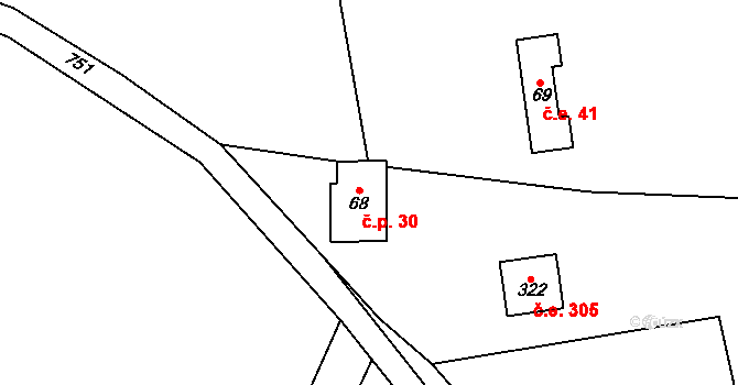 Kounice 30, Vlastějovice na parcele st. 68 v KÚ Kounice nad Sázavou, Katastrální mapa