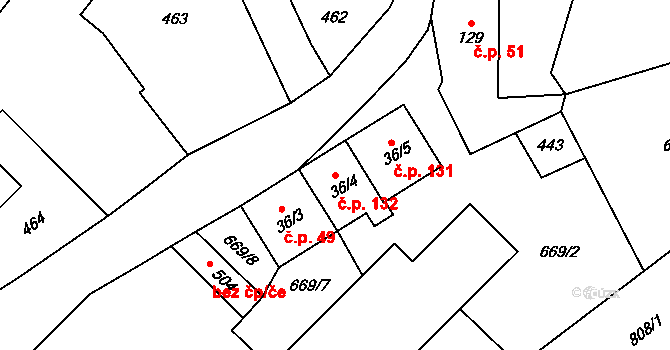 Bohutín 132 na parcele st. 36/4 v KÚ Bohutín, Katastrální mapa