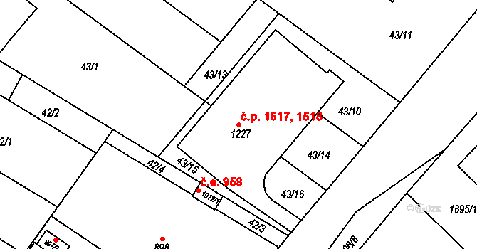 Tišnov 1517,1518 na parcele st. 1227 v KÚ Tišnov, Katastrální mapa