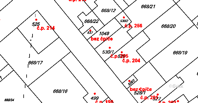 Pchery 205 na parcele st. 530/1 v KÚ Pchery, Katastrální mapa