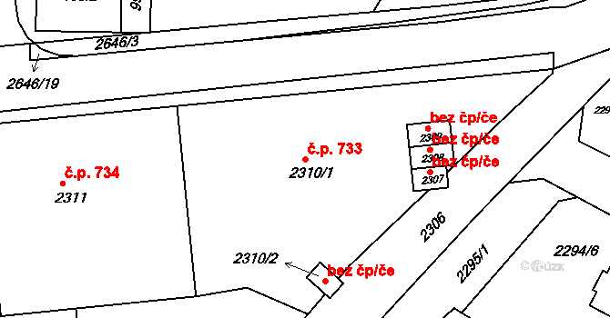 Rýmařov 733 na parcele st. 2310/1 v KÚ Rýmařov, Katastrální mapa