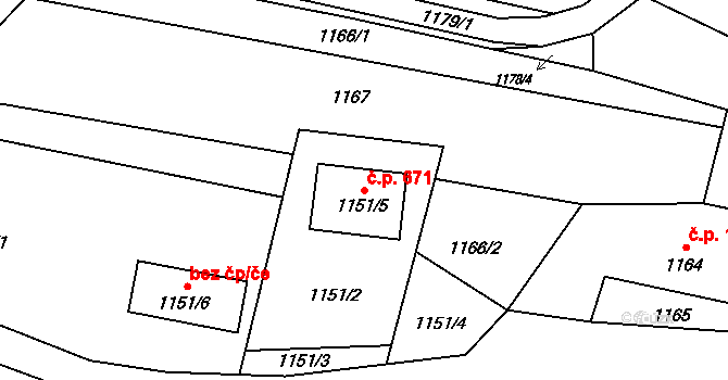 Fryčovice 671 na parcele st. 1151/5 v KÚ Fryčovice, Katastrální mapa