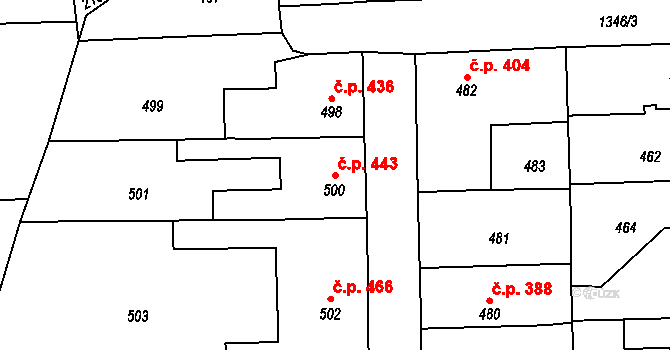 Tuchlovice 443 na parcele st. 500 v KÚ Tuchlovice, Katastrální mapa