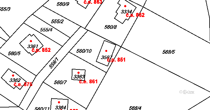 Ostravice 851 na parcele st. 3597 v KÚ Staré Hamry 2, Katastrální mapa