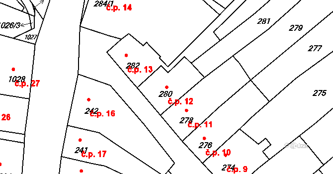 Mimoň IV 12, Mimoň na parcele st. 280 v KÚ Mimoň, Katastrální mapa