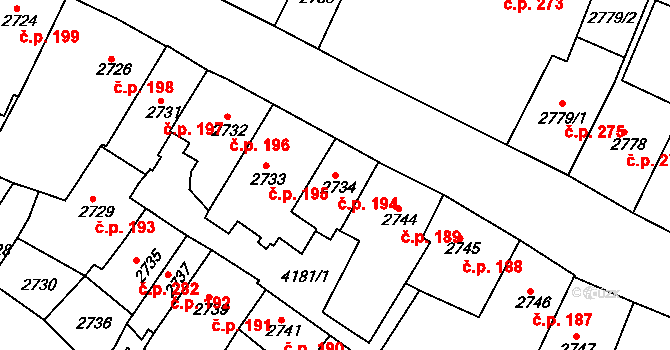 Roudnice nad Labem 194 na parcele st. 2734 v KÚ Roudnice nad Labem, Katastrální mapa