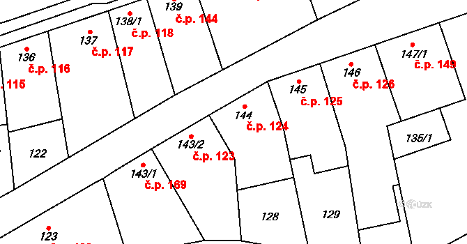 Vysoké Veselí 124 na parcele st. 144 v KÚ Vysoké Veselí, Katastrální mapa