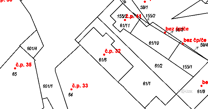 Bučina 32 na parcele st. 61/6 v KÚ Bučina, Katastrální mapa