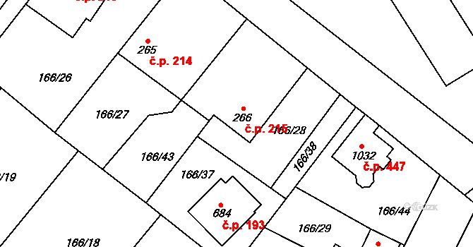 Velké Popovice 215 na parcele st. 266 v KÚ Velké Popovice, Katastrální mapa