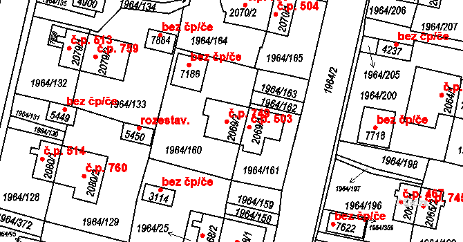 Borovina 749, Třebíč na parcele st. 2069/2 v KÚ Třebíč, Katastrální mapa