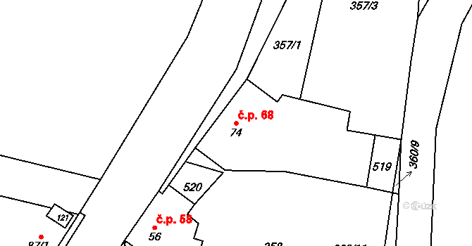 Divice 68, Vinařice na parcele st. 74 v KÚ Divice, Katastrální mapa